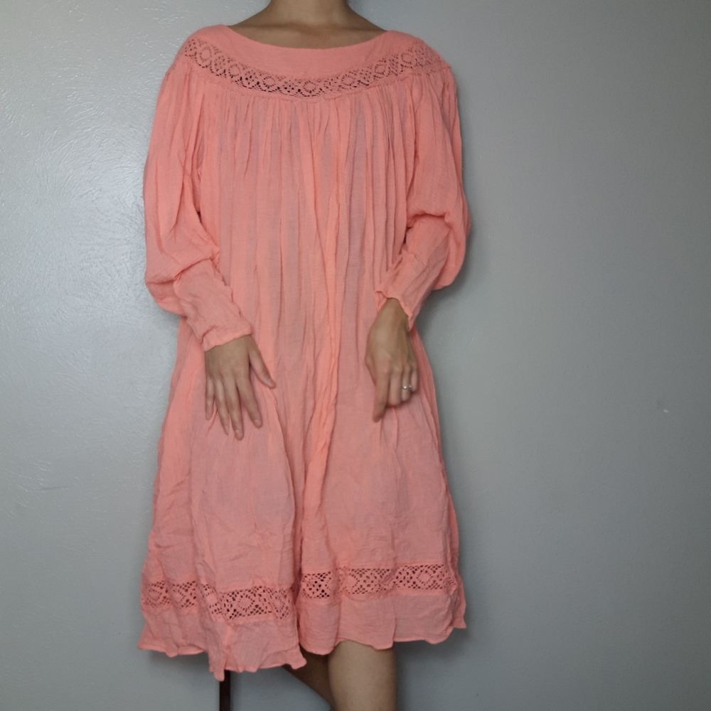vintage peach crochet mumu gauzy midi dress
